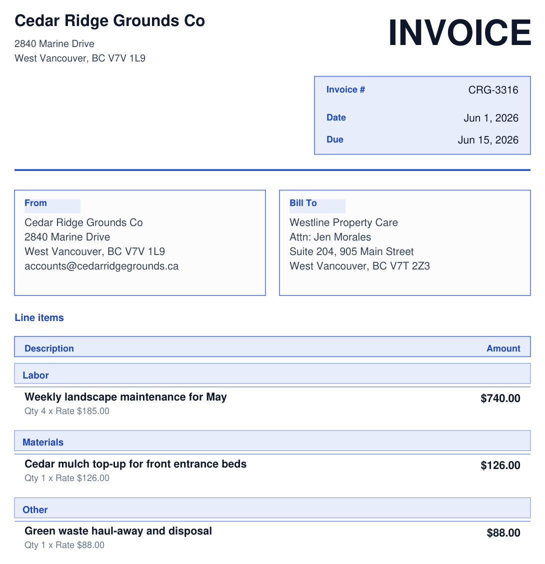 Bold exported landscape invoice example from NoteBill.