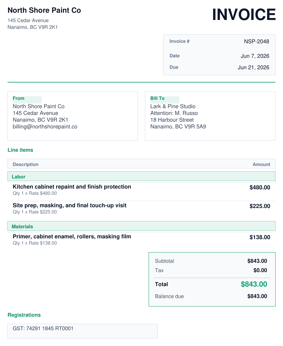 Real exported invoice preview from NoteBill showing a painter finish work invoice.