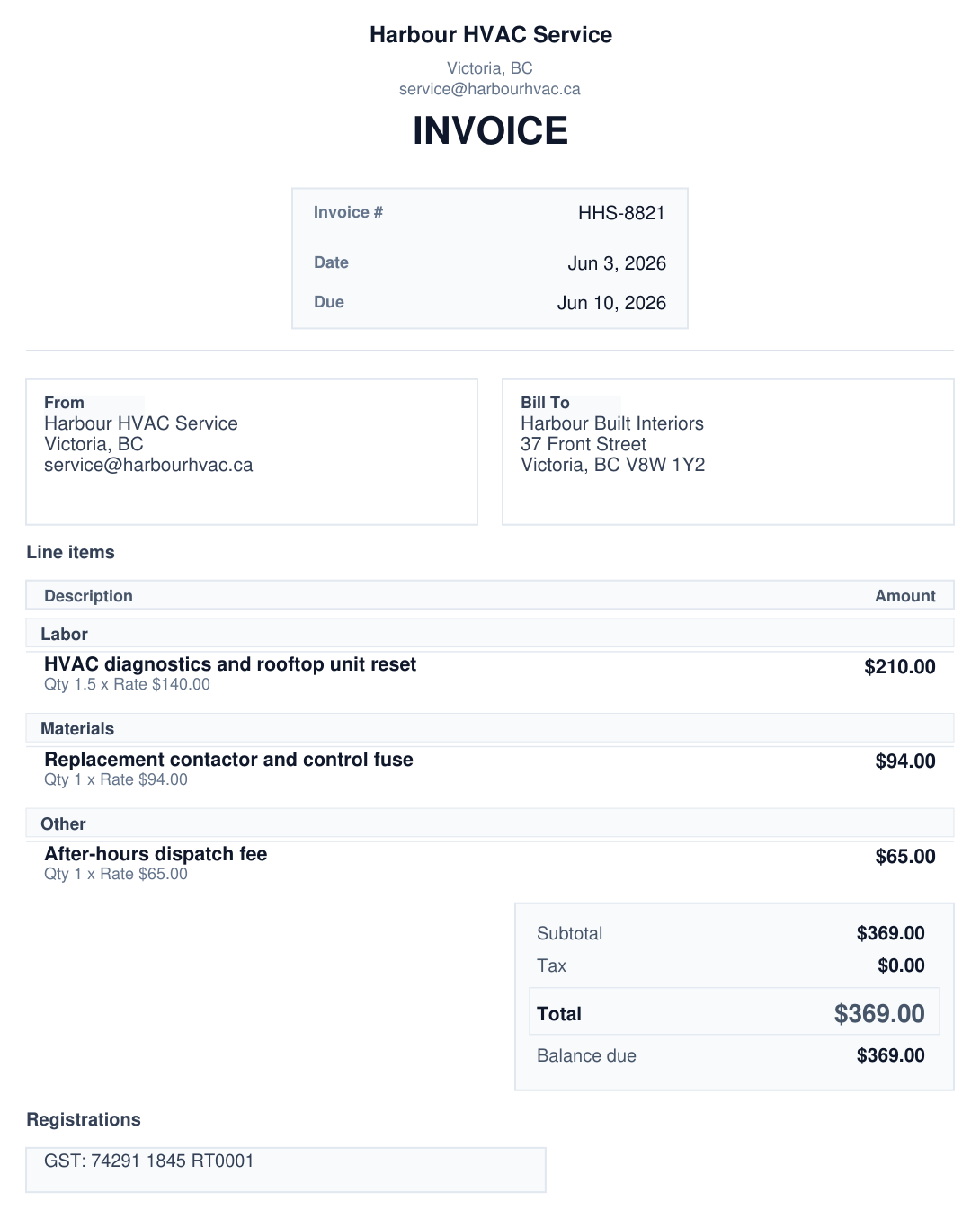 Minimal exported HVAC invoice example from NoteBill.